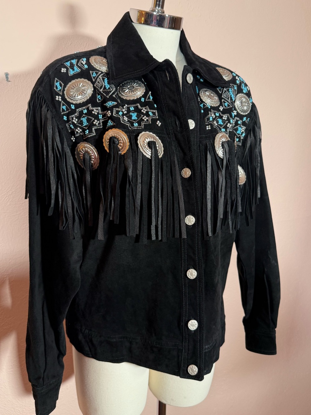 Vintage EREZ black leather southwestern Beaded concho Fringe oversized jacket